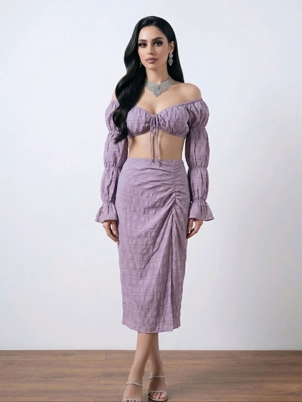 NWT SHEIN SXY Purple Midi Wrap Skirt & Top Set- Ruched Cocktail ~Large